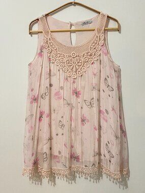 100% Silk Made in Italy Elena Baldi Pink Blouse Top Lace Butterfly Print Flowy